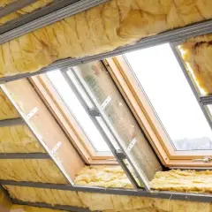 Ocieplenie dachu wełną mineralną w trakcie prac. Widoczne profile metalowe i żółta izolacja.