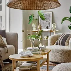 Przytulny salon w stylu skandynawskim: beżowa kanapa, puszysty fotel, drewniany stolik kawowy z dekoracjami i roślinami.