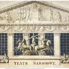 Bogato zdobiony fronton Teatru Narodowego z rydwanem zaprzężonym w konie i postaciami alegorycznymi.