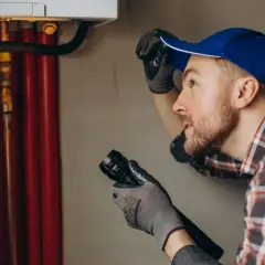 Instalator z latarką bada piony w bloku. Wymiana pionu w bloku ile trwa? Zależy od wielu czynników.