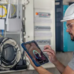Elektryk w kasku i okularach ochronnych wykonuje przegląd instalacji elektrycznej, analizując dane na tablecie.