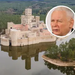 Jarosław Kaczyński na tle zamku w Stobnicy. Właściciel budowli budzi kontrowersje.