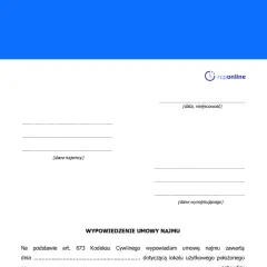 Formularz wypowiedzenie umowy najmu mieszkania. Zawiera pola na dane najemcy, wynajmującego oraz datę i miejscowość.