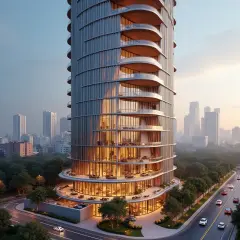 Nowoczesny wieżowiec Antilia Tower w mieście, otoczony zielenią i drogą z samochodami.