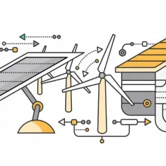 Ilustracja przedstawia dom pasywny zasilany energią słoneczną i wiatrową.