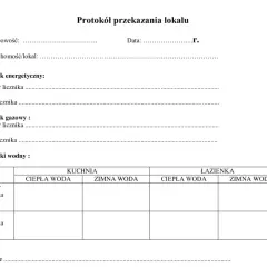 Formularz protokół zdawczo odbiorczy lokalu, zawiera pola na dane nieruchomości, liczniki (energetyczny, gazowy, wodne w kuchni i łazience) oraz klucze.