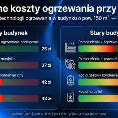 Porównanie dziennych kosztów ogrzewania domu 150 m² przy -10°C. Sprawdź, czym ogrzewać dom: pompa ciepła, kocioł gazowy czy na pellet.