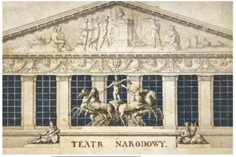 Bogato zdobiony fronton Teatru Narodowego z rydwanem zaprzężonym w konie i postaciami alegorycznymi.