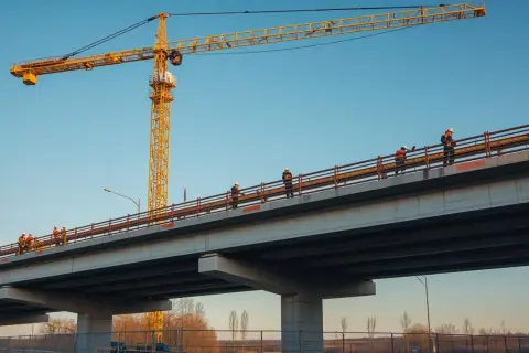 Na budowie mostu pracownicy w kaskach zastanawiają się, ile zarabia budowlaniec na godzinę. Żuraw góruje nad nimi.