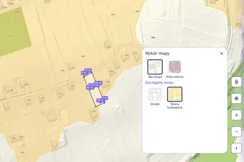 Mapa z zaznaczoną działką i wymiarami. Okno "Wybór mapy" z opcją "Tereny budowlane" pomoże sprawdzić, jak sprawdzić czy działka jest budowlana.