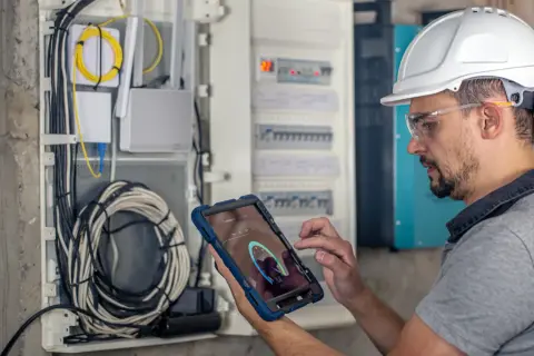 Elektryk w kasku i okularach ochronnych wykonuje przegląd instalacji elektrycznej, analizując dane na tablecie.