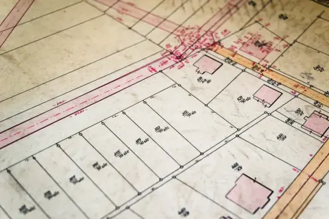 Stary plan geodezyjny z zaznaczonymi działkami ewidencyjnymi i budynkami.