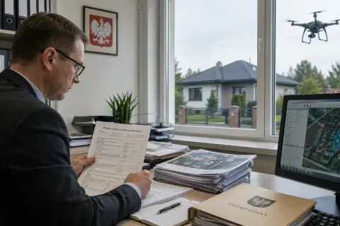 Urzędnik analizuje dokumenty dotyczące podatku od gruntu. W tle dron monitoruje teren, a na ekranie komputera widoczna jest mapa działek.