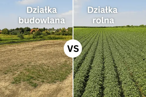 Działka budowlana z domami w tle kontra rozległa działka rolna z rzędami zielonych roślin.