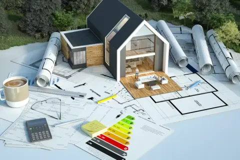 Projekt domu z energooszczędnymi rozwiązaniami, plany, kalkulator i dokumenty wskazują na możliwość uzyskania dofinansowania na termomodernizację.