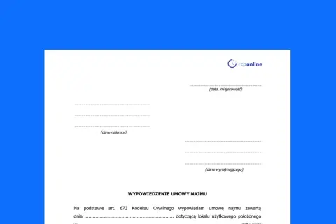 Formularz wypowiedzenie umowy najmu mieszkania. Zawiera pola na dane najemcy, wynajmującego oraz datę i miejscowość.