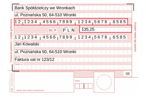 Przelew na mikrorachunek podatkowy wzór: dane odbiorcy (Bank Spółdzielczy we Wronkach, ul. Poznańska 50) i kwota 135,25 PLN.