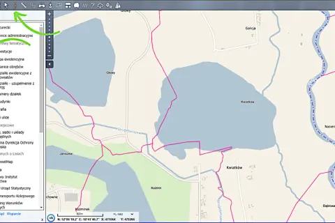 Mapa ewidencyjna z widocznymi numerami działek, granicami obrębów i inwestycjami.