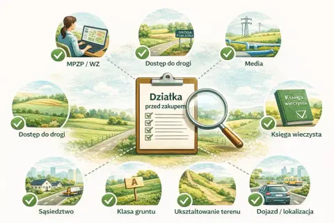 Weryfikacja działki rolnej przed zakupem: dostęp do drogi, media, księga wieczysta, sąsiedztwo, klasa gruntu, ukształtowanie terenu, dojazd.