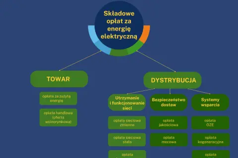 Schemat składników opłat za energię elektryczną: Towar i Dystrybucja. W dystrybucji wyróżniono m.in. opłatę kogeneracyjną.