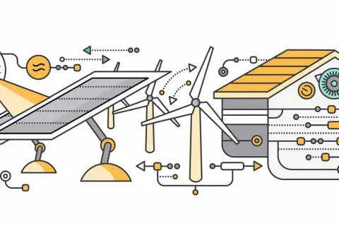 Ilustracja przedstawia dom pasywny zasilany energią słoneczną i wiatrową.