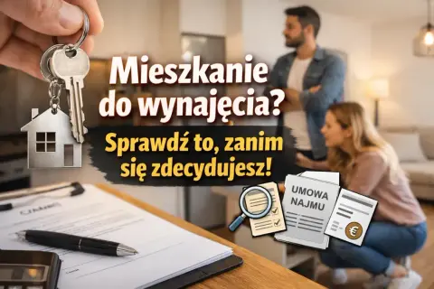 Klucze do mieszkania na wynajem, umowa najmu i para oglądająca nowe lokum. Sprawdź, zanim się zdecydujesz!