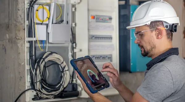 Elektryk w kasku i okularach ochronnych wykonuje przegląd instalacji elektrycznej, analizując dane na tablecie.