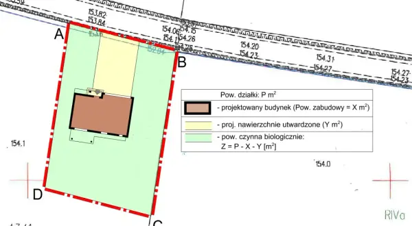 Plan działki z zaznaczonym budynkiem i legendą. Kluczowe jest, czy warunki zabudowy przechodzą na nowego właściciela.