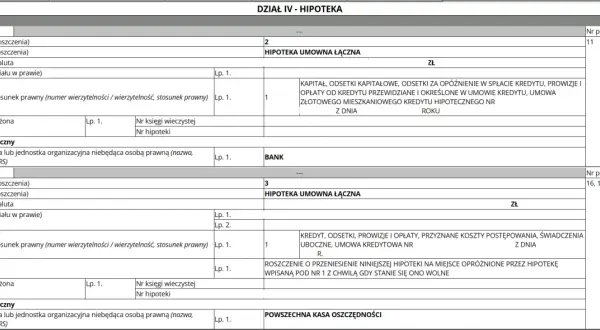 Wpis w księdze wieczystej dotyczący hipoteki umownej łącznej, zawierający dane o wierzycielu i rodzaju roszczenia.