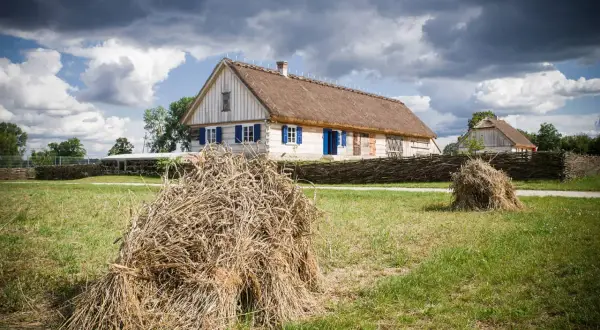 Tradycyjne chaty z krytymi strzechą dachami, jak w skansenach w Polsce, otoczone plecionymi płotami i polami ze snopami zboża.