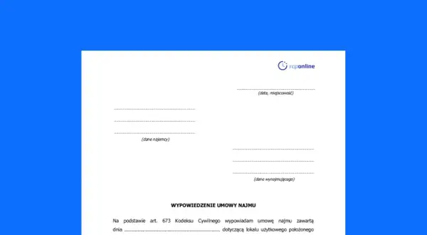Formularz wypowiedzenie umowy najmu mieszkania. Zawiera pola na dane najemcy, wynajmującego oraz datę i miejscowość.