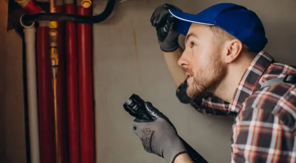 Instalator z latarką bada rury. Sąsiad nie zgadza się na wymianę pionu, co utrudnia pracę.