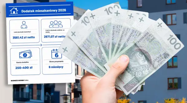 Dofinansowanie do mieszkania 2026: limity dochodów, kwota dodatku 250-400 zł i okres przyznania 6 miesięcy. W tle polskie banknoty.
