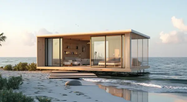Nowoczesny dom z kontenera morskiego na plaży, z widokiem na morze. Wnętrze z sofą i łóżkiem, otoczone szkłem.