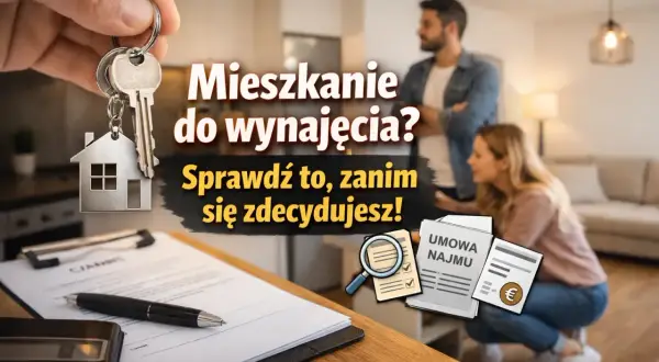 Klucze do mieszkania na wynajem, umowa najmu i para oglądająca nowe lokum. Sprawdź, zanim się zdecydujesz!