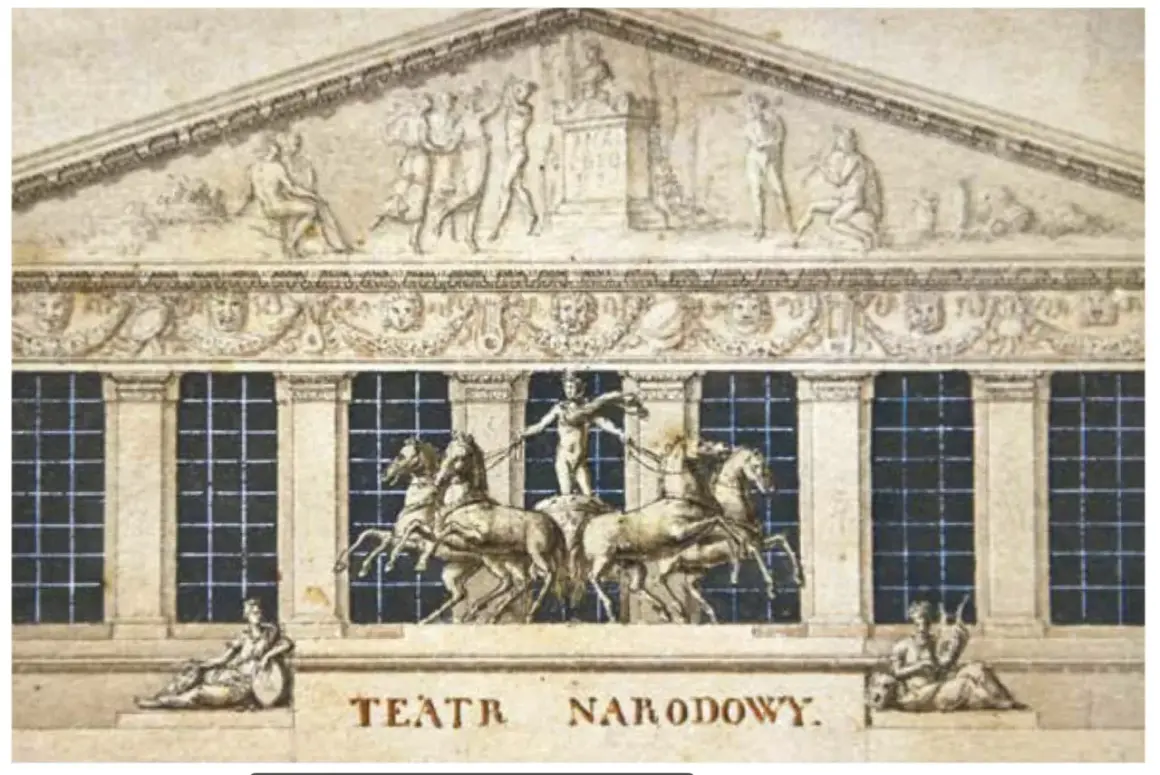 Bogato zdobiony fronton Teatru Narodowego z rydwanem zaprzężonym w konie i postaciami alegorycznymi.