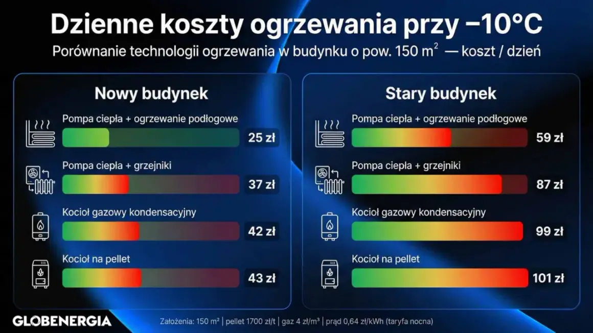 Porównanie dziennych kosztów ogrzewania domu 150 m² przy -10°C. Sprawdź, czym ogrzewać dom: pompa ciepła, kocioł gazowy czy na pellet.