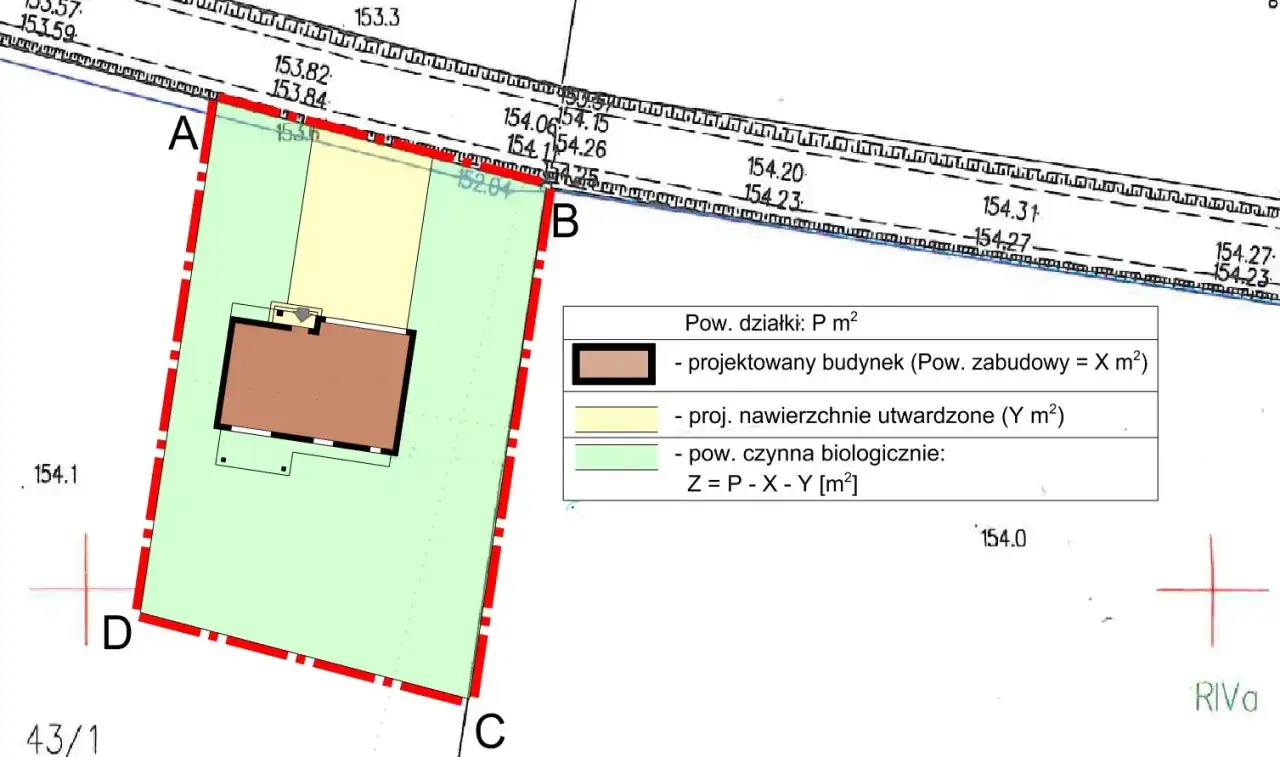 Plan zagospodarowania działki z zaznaczonym budynkiem i terenami utwardzonymi, określający minimalną powierzchnię działki budowlanej.
