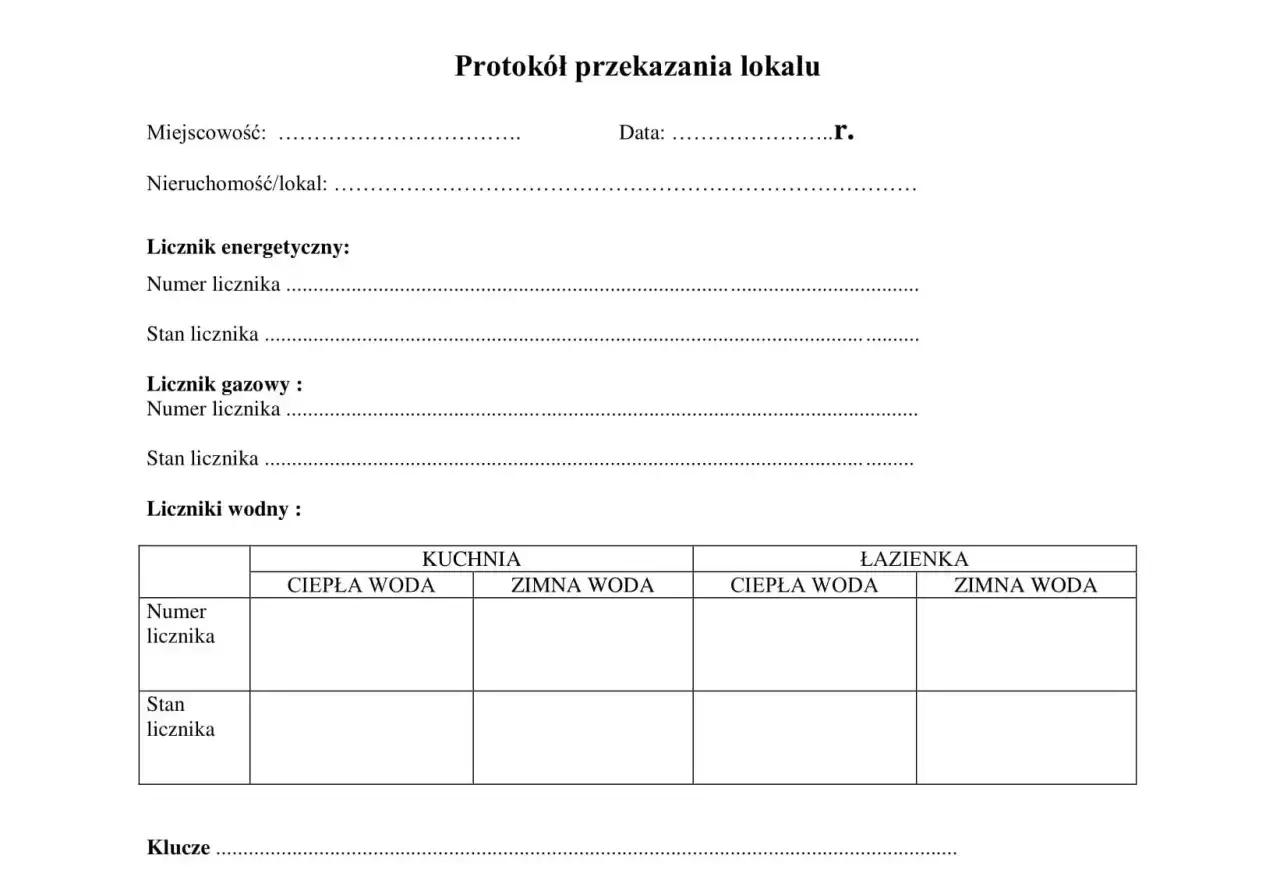 Protokół przekazania lokalu zawiera pola do wpisania danych o licznikach (energetyczny, gazowy, wodny w kuchni i łazience), co jest kluczowe przy ustalaniu, co to są media w wynajmie mieszkania.