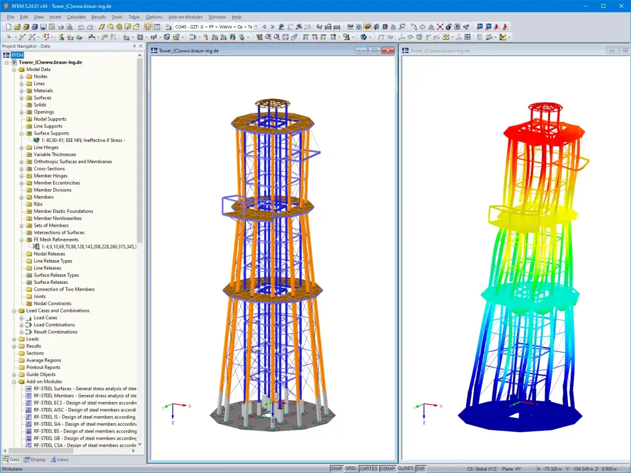 Modelowanie stalowego pylonu w programie RFEM. Widok analizy naprężeń z kolorową wizualizacją od niebieskiego (niskie) do czerwonego (wysokie).