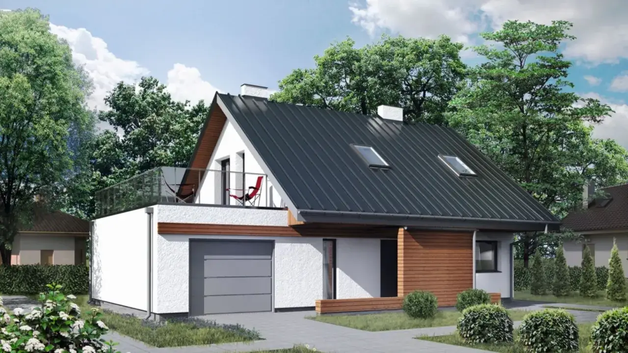 Nowoczesny dom z tarasem i garażem. Marzysz o własnym M? Sprawdź rządowe projekty domów 70m2 za darmo!