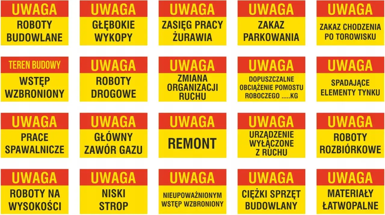 Znaki ostrzegawcze na placu budowy: roboty budowlane, głębokie wykopy, zasięg pracy żurawia, zakaz parkowania, teren budowy, roboty drogowe, zmiana organizacji ruchu, dopuszczalne obciążenie, spadające elementy, prace spawalnicze, główny zawór gazu, re...