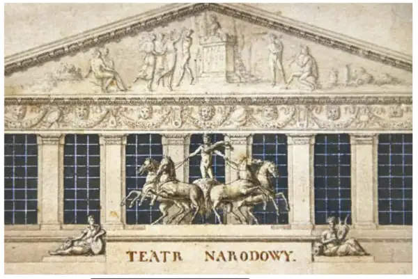 Bogato zdobiony fronton Teatru Narodowego z rydwanem zaprzężonym w konie i postaciami alegorycznymi.