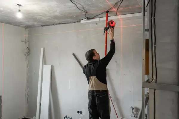 Budowlaniec ustawia laser, który wyznacza idealny pion murarski. Czerwone linie lasera przecinają pomieszczenie, pomagając w precyzyjnym montażu.