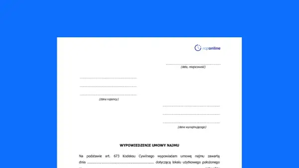 Formularz wypowiedzenie umowy najmu mieszkania. Zawiera pola na dane najemcy, wynajmującego oraz datę i miejscowość.