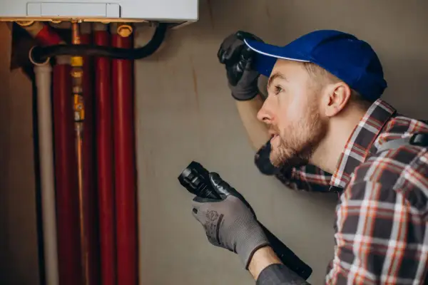Instalator z latarką bada rury. Sąsiad nie zgadza się na wymianę pionu, co utrudnia pracę.