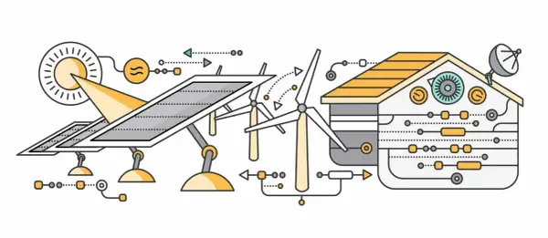 Ilustracja przedstawia dom pasywny zasilany energią słoneczną i wiatrową.