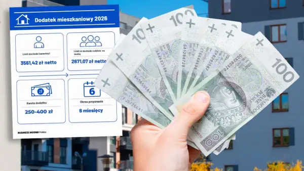 Dofinansowanie do mieszkania 2026: limity dochodów, kwota dodatku 250-400 zł i okres przyznania 6 miesięcy. W tle polskie banknoty.