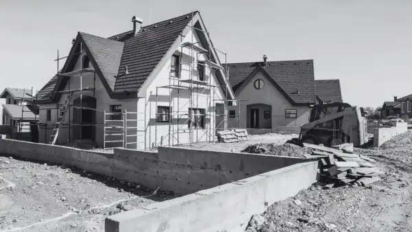 Domy w budowie, rusztowania, koparka i betonowe fundamenty. Wkrótce będzie pozwolenie na budowę i nowe domy.