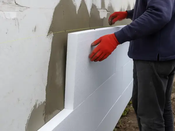 Pracownik w czerwonych rękawicach montuje płyty styropianowe na ścianie, ocieplając fasadę budynku.